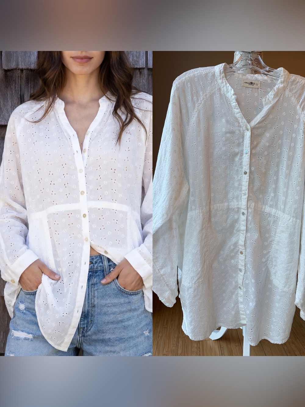 Natural Life Laid Back Cotton Button Front Eyelet Top White